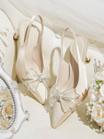 Women's Mesh Crystal Bowknot Pointed Toe Mid Heel Pumps,