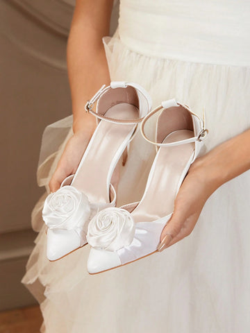 Women's Pointed-Toe High Heel Hollow-Out Pearl Buckle Bow-Knot White