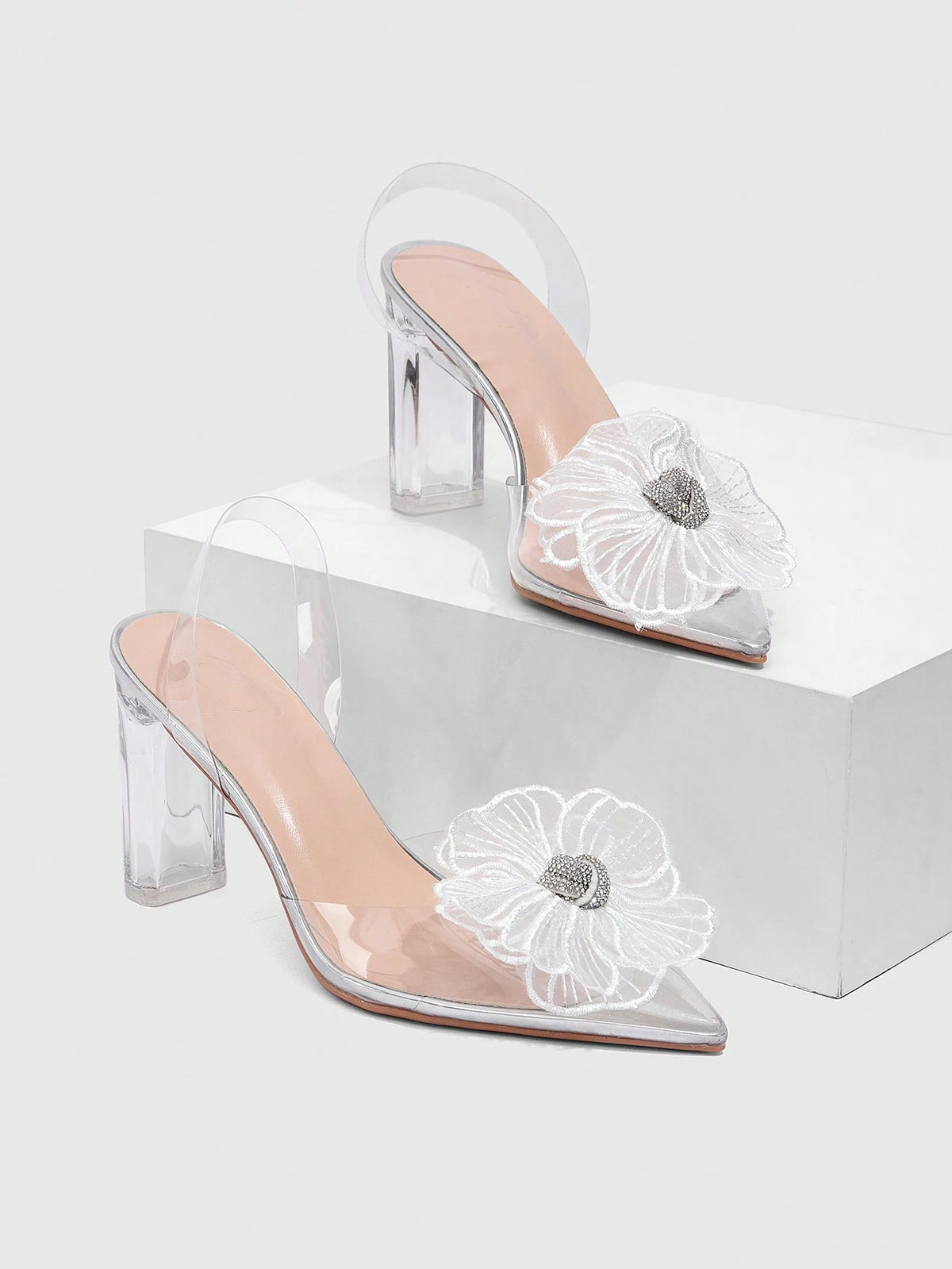 Women's Transparent Pointed Toe Floral Decor Fashion High Heel Pumps For Christmas