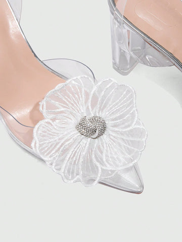 Women's Transparent Pointed Toe Floral Decor Fashion High Heel Pumps For Christmas