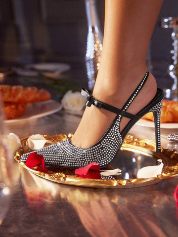 Black Pointy Toe Rhinestone Decorated Stiletto High Heels For Women New Year Holiday