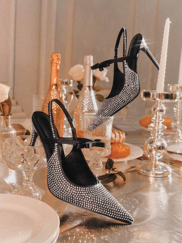 Black Pointy Toe Rhinestone Decorated Stiletto High Heels For Women New Year Holiday