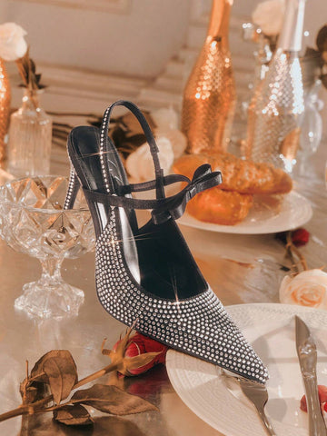 Black Pointy Toe Rhinestone Decorated Stiletto High Heels For Women New Year Holiday