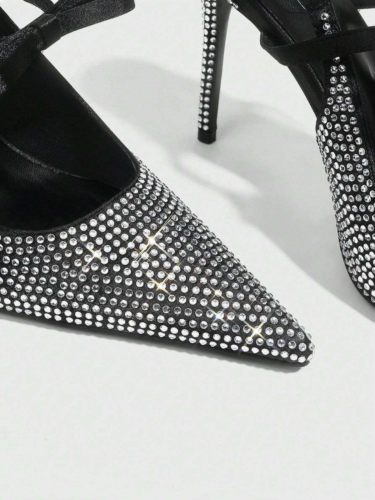 Black Pointy Toe Rhinestone Decorated Stiletto High Heels For Women New Year Holiday