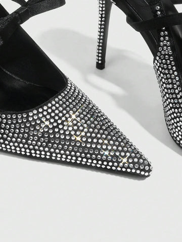 Black Pointy Toe Rhinestone Decorated Stiletto High Heels For Women New Year Holiday