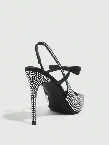 Black Pointy Toe Rhinestone Decorated Stiletto High Heels For Women New Year Holiday