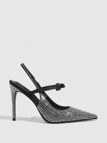 Black Pointy Toe Rhinestone Decorated Stiletto High Heels For Women New Year Holiday