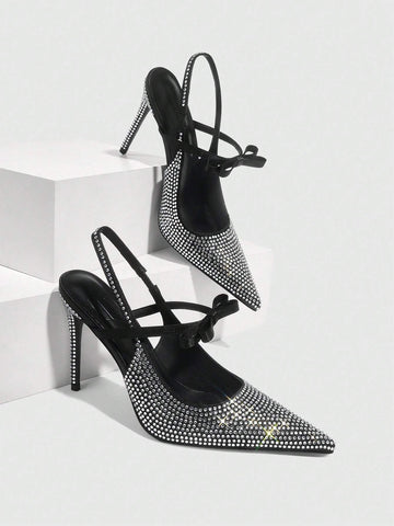 Black Pointy Toe Rhinestone Decorated Stiletto High Heels For Women New Year Holiday