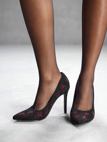 Rhinestone-Encrusted Spider Pattern, Pointed Toe, High Heel, Slip-On Fashion