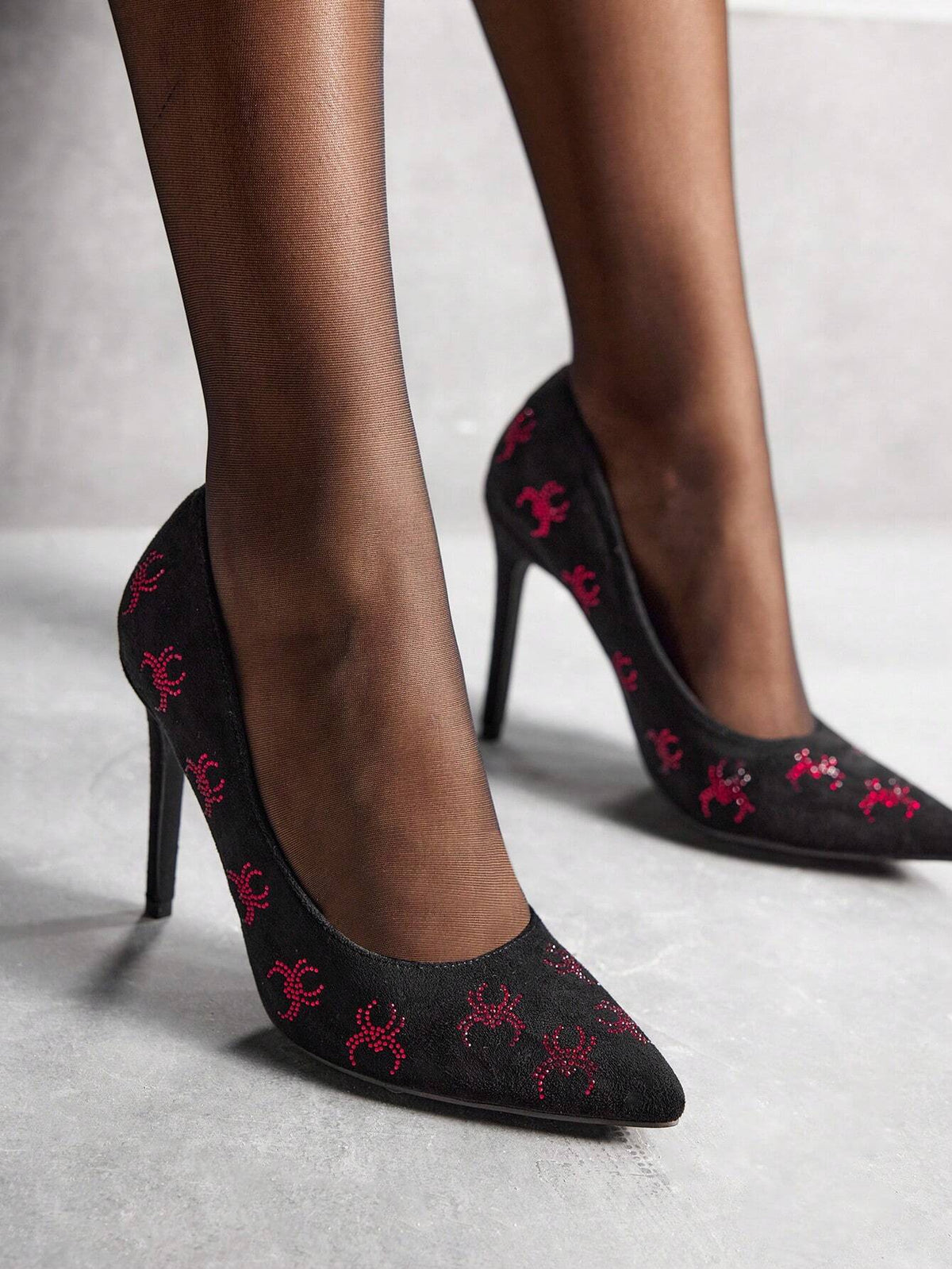 Rhinestone-Encrusted Spider Pattern, Pointed Toe, High Heel, Slip-On Fashion