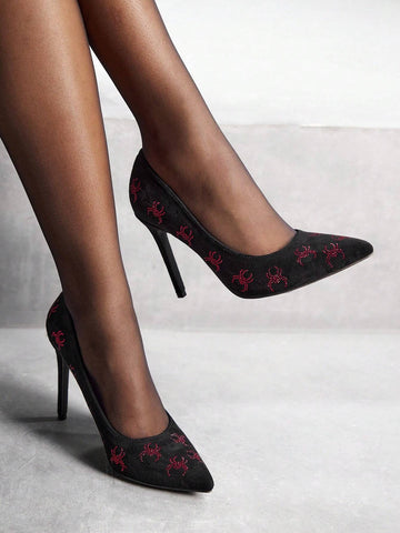 Rhinestone-Encrusted Spider Pattern, Pointed Toe, High Heel, Slip-On Fashion