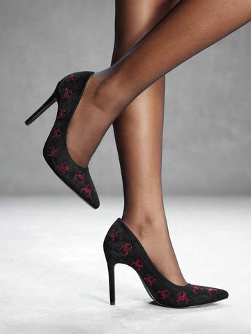 Rhinestone-Encrusted Spider Pattern, Pointed Toe, High Heel, Slip-On Fashion