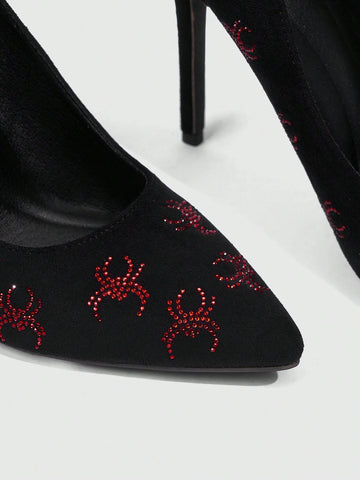 Rhinestone-Encrusted Spider Pattern, Pointed Toe, High Heel, Slip-On Fashion