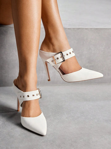 Fashion White Pointed Toe Thin High Heel Mule Shoes, Commute