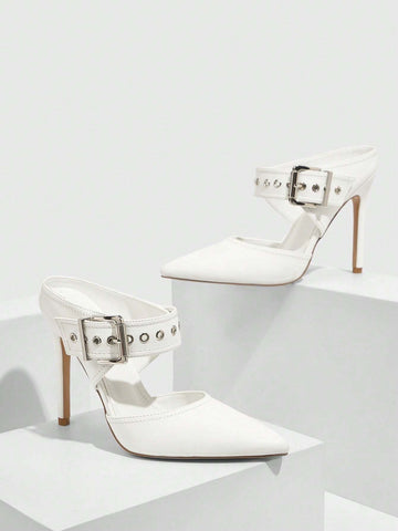 Fashion White Pointed Toe Thin High Heel Mule Shoes, Commute