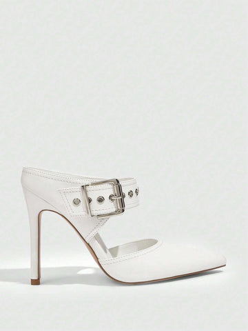 Fashion White Pointed Toe Thin High Heel Mule Shoes, Commute