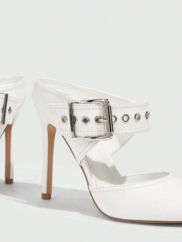 Fashion White Pointed Toe Thin High Heel Mule Shoes, Commute