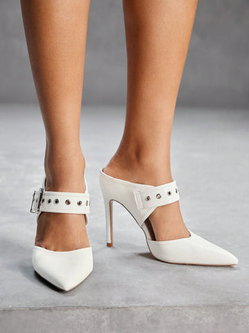 Fashion White Pointed Toe Thin High Heel Mule Shoes, Commute