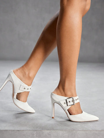 Fashion White Pointed Toe Thin High Heel Mule Shoes, Commute