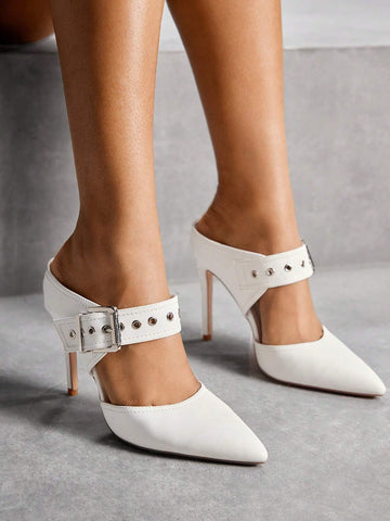 Fashion White Pointed Toe Thin High Heel Mule Shoes, Commute
