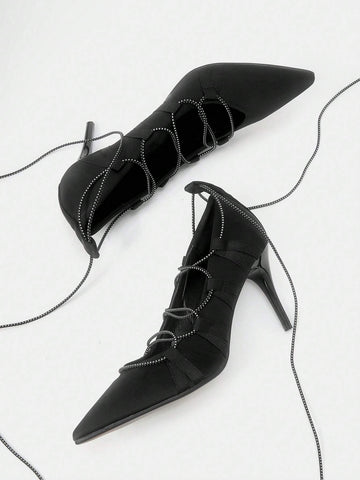 Fashionable Black Pointed Toe Thin Heels High Heeled Shoes With Strap For Women