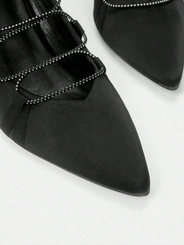 Fashionable Black Pointed Toe Thin Heels High Heeled Shoes With Strap For Women