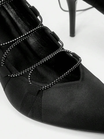 Fashionable Black Pointed Toe Thin Heels High Heeled Shoes With Strap For Women