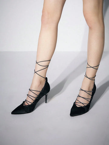 Fashionable Black Pointed Toe Thin Heels High Heeled Shoes With Strap For Women