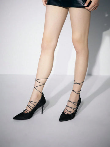 Fashionable Black Pointed Toe Thin Heels High Heeled Shoes With Strap For Women