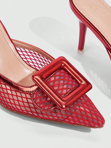 CUCCOO SZL Fashionable Europe & America Style Pointed Toe Mesh Slippers With Buckle