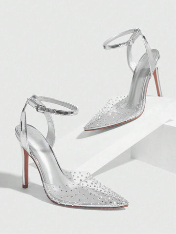 CUCCOO SZL Fashionable Silver Stiletto Heels Pointed Toe Ankle Strap Rhinestone PVC High Heel Shoes For Women