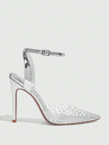 CUCCOO SZL Fashionable Silver Stiletto Heels Pointed Toe Ankle Strap Rhinestone PVC High Heel Shoes For Women