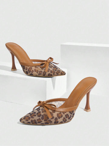 Pointed Toe Leopard Print Mesh Women High Heel Mule Shoes, Brown For Christmas