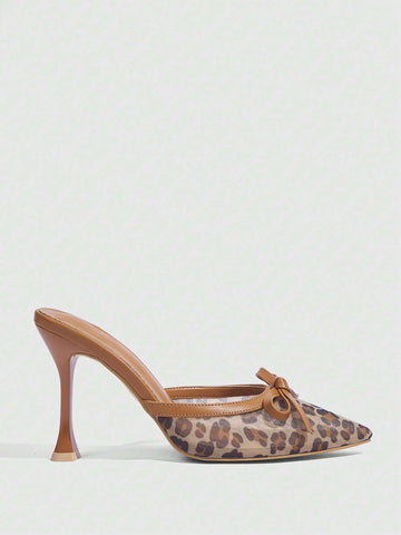 Pointed Toe Leopard Print Mesh Women High Heel Mule Shoes, Brown For Christmas