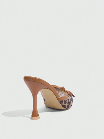 Pointed Toe Leopard Print Mesh Women High Heel Mule Shoes, Brown For Christmas