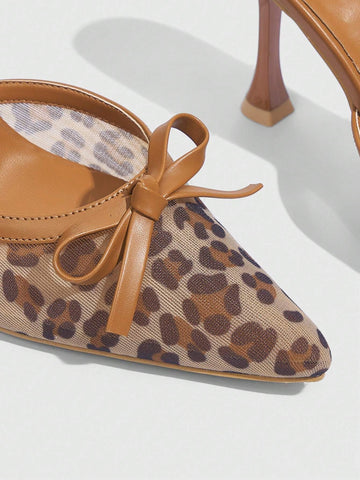 Pointed Toe Leopard Print Mesh Women High Heel Mule Shoes, Brown For Christmas