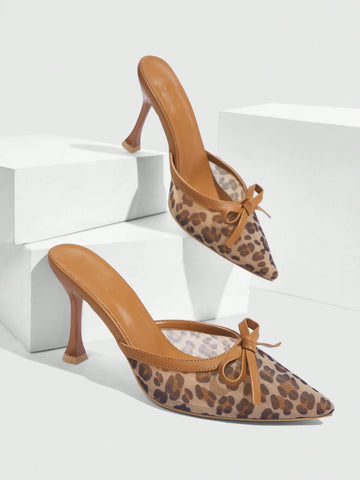 Pointed Toe Leopard Print Mesh Women High Heel Mule Shoes, Brown For Christmas