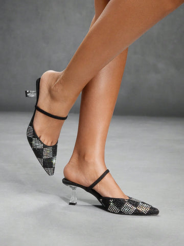 Pointed Toe Sequins Decor Metallic Shiny High Heels Ladies Pumps