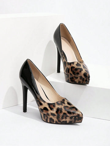 Women's Fashion Leopard Print Pointed Toe High Heel Platform Pumps