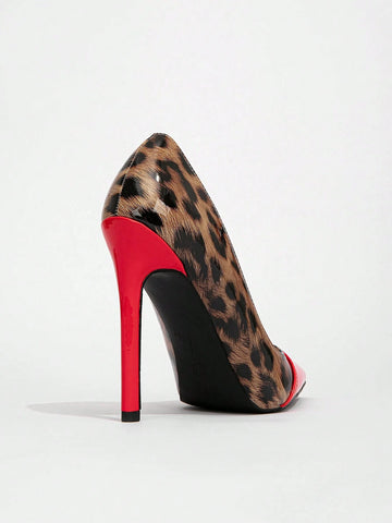 CUCCOO SZL Women's Fashion Pointed Toe Leopard Print Splicing Patent Leather High Heel Pumps
