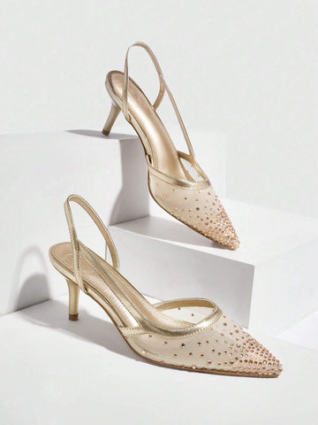Women's Shoes, Fashionable Light Gold Mesh Rhinestone Stiletto Pointed High Heels With Back Strap