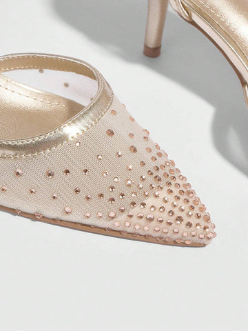 Women's Shoes, Fashionable Light Gold Mesh Rhinestone Stiletto Pointed High Heels With Back Strap