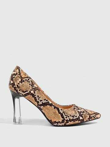 Women's Snake Print Pointed Toe Transparent Heel Sexy Elegant High Heel Pumps
