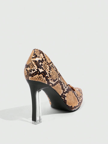 Women's Snake Print Pointed Toe Transparent Heel Sexy Elegant High Heel Pumps