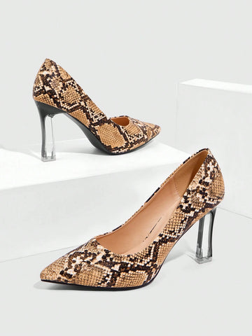Women's Snake Print Pointed Toe Transparent Heel Sexy Elegant High Heel Pumps