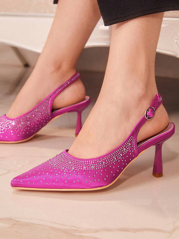 Fuchsia Pointed Toe High Heel Slip-On Shoes With Rhinestones, Comfortable & Fashion