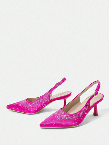 Fuchsia Pointed Toe High Heel Slip-On Shoes With Rhinestones, Comfortable & Fashion