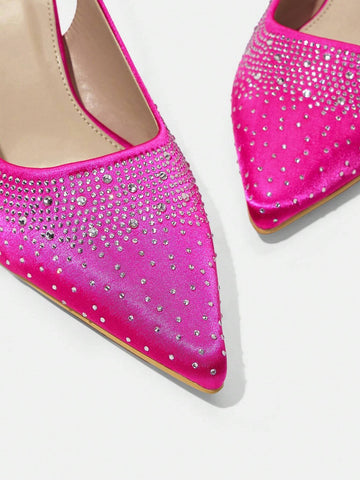 Fuchsia Pointed Toe High Heel Slip-On Shoes With Rhinestones, Comfortable & Fashion