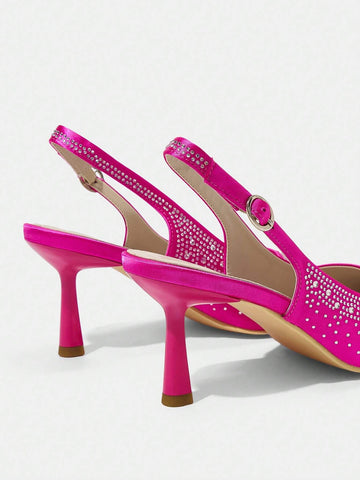 Fuchsia Pointed Toe High Heel Slip-On Shoes With Rhinestones, Comfortable & Fashion