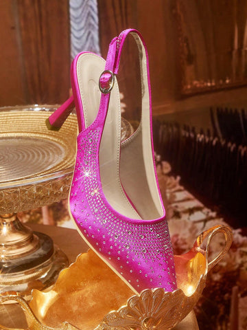 Fuchsia Pointed Toe High Heel Slip-On Shoes With Rhinestones, Comfortable & Fashion